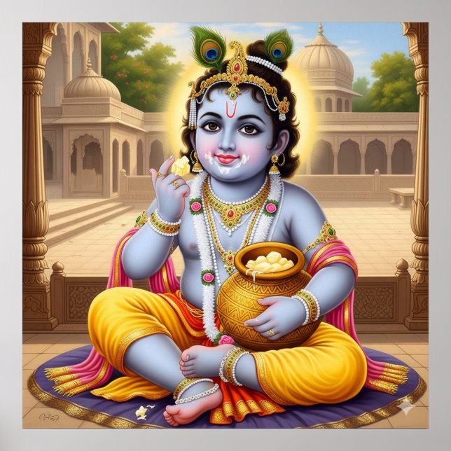 Fröhliches Blau Klassisches Bala Krishna Pot Kunst Poster (Vorne)
