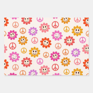 Fröhliches Blumenmuster mit Friedenszeichen Geschenkpapier Set