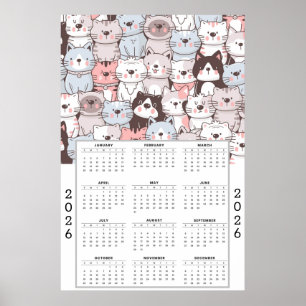 Fröhliches Cartoon-Katzenmuster mit 2026 Kalender Poster