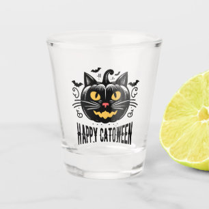 Fröhliches Catoween schwarze Katze Kürbis Gesicht Schnapsglas