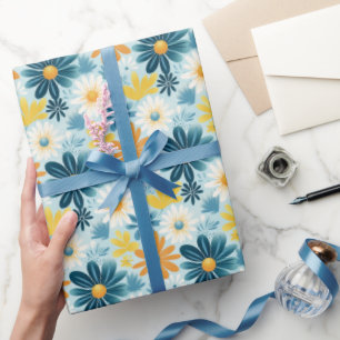 Fröhliches Daisy Garden Blau-Gelb-Blumenmuster Geschenkpapier