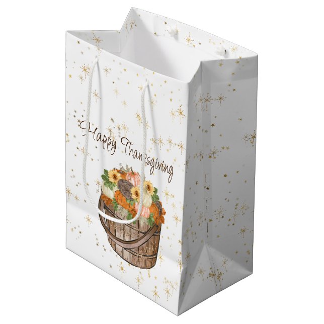 Fröhliches Erntedankfest Herbstbarrel von Pumpkins Mittlere Geschenktüte (Vorderseite Schrägansicht)