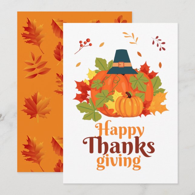 Fröhliches Erntedankpumpkin mit Hats und Blätter Einladung (Vorne/Hinten)