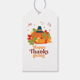 Fröhliches Erntedankpumpkin mit Hats und Blätter Geschenkanhänger