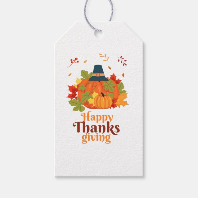 Fröhliches Erntedankpumpkin mit Hats und Blätter Geschenkanhänger (Vorderseite)