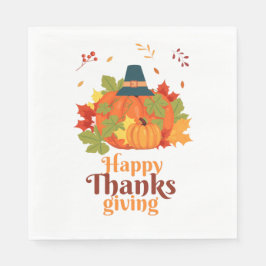 Fröhliches Erntedankpumpkin mit Hats und Blätter Serviette
