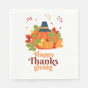Fröhliches Erntedankpumpkin mit Hats und Blätter Serviette