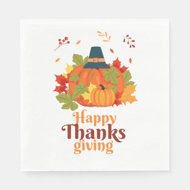 Fröhliches Erntedankpumpkin mit Hats und Blätter Serviette (Vorderseite)