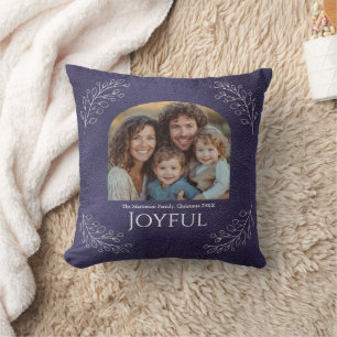 Fröhliches Familien-Weihnachtsfoto Elegantes Blau Kissen