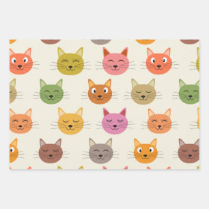 Fröhliches Farbige kawaii Cartoon-Katzen-Muster    Geschenkpapier Set