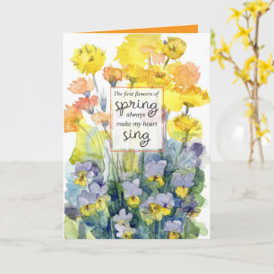 Fröhliches Frühlingsgelb Lila Blumen Aquarell Karte