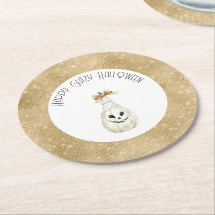 Fröhliches Glitzerndes Halloween Gold Creme Kürbis Runder Pappuntersetzer