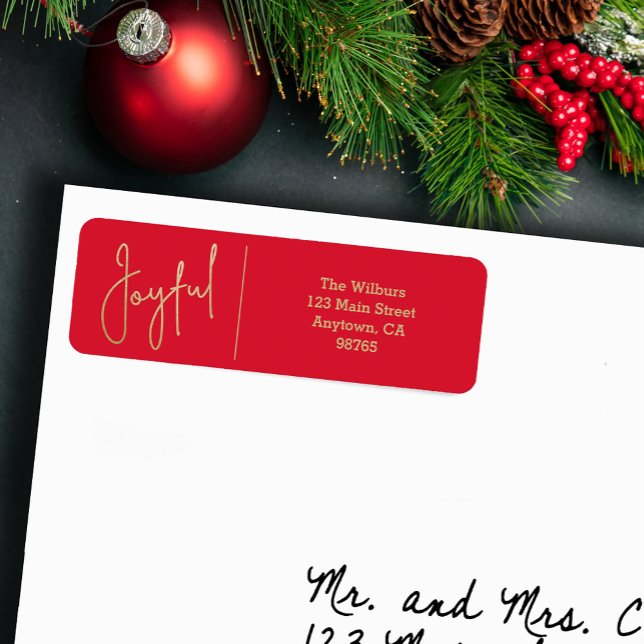 Fröhliches Gold- und Rot-Weihnachts-Rücksendeetike (JOYFUL Faux Gold Foil on Red Return Address Labels)