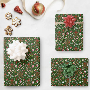 Fröhliches grünes festliches Lebkuchen-Süßigkeiten Geschenkpapier Set