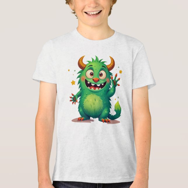 Fröhliches grünes Monster Tri-Blend Shirt (Vorderseite)