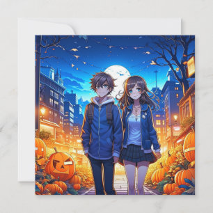 Fröhliches Halloween   Anime-Paar Händchen haltend Karte