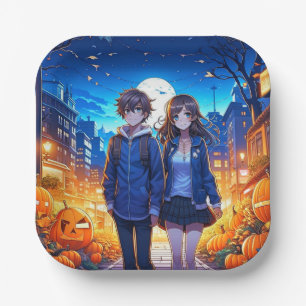 Fröhliches Halloween Anime-Paar Händchen haltend Pappteller