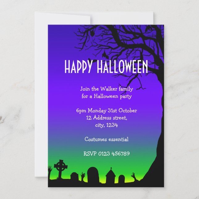 Fröhliches Halloween-blaues und grünes Friedhof-Gl Einladung (Vorderseite)
