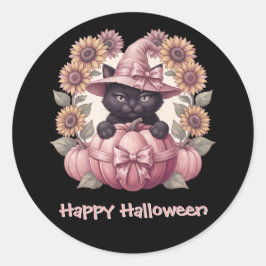 Fröhliches Halloween Coquette Schwarze Katze & Ros Runder Aufkleber