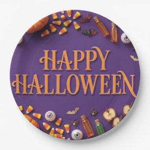 Fröhliches Halloween-Flat-Lay auf Lila Pappteller