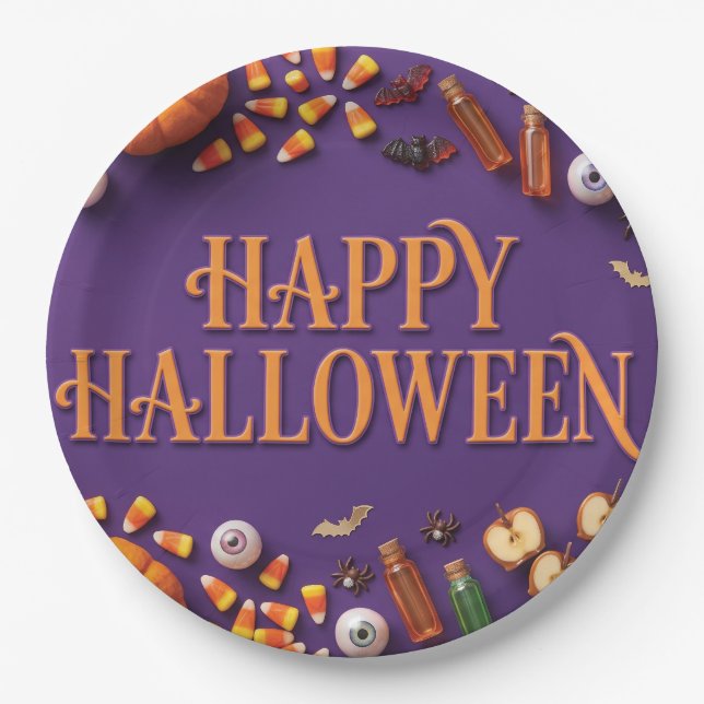 Fröhliches Halloween-Flat-Lay auf Lila  Pappteller (Vorderseite)