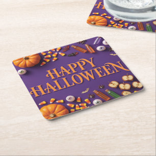 Fröhliches Halloween-Flat-Lay auf Lila Rechteckiger Pappuntersetzer