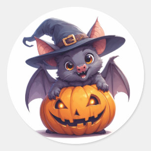 Fröhliches Halloween Fledermaus hält Kürbis 🎃 Runder Aufkleber