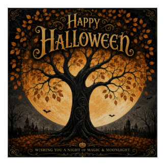 Fröhliches Halloween Gruseliger Baum Vollmond Goth Poster