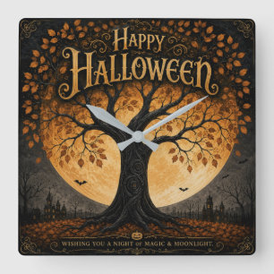 Fröhliches Halloween Gruseliger Baum Vollmond Goth Quadratische Wanduhr