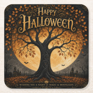 Fröhliches Halloween Gruseliger Baum Vollmond Goth Rechteckiger Pappuntersetzer