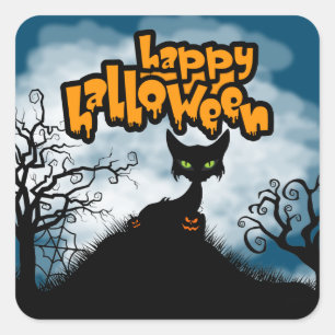 Fröhliches Halloween Gruselkatze Quadratischer Aufkleber