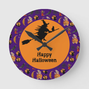 Fröhliches Halloween Hexe auf einem Besen Wohndeko Runde Wanduhr