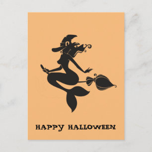 Fröhliches Halloween Hexe Meerjungfrau auf Besen P Postkarte
