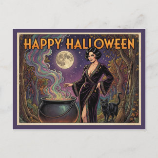 Fröhliches Halloween Hexe Schwarze Katze Vollmond Postkarte