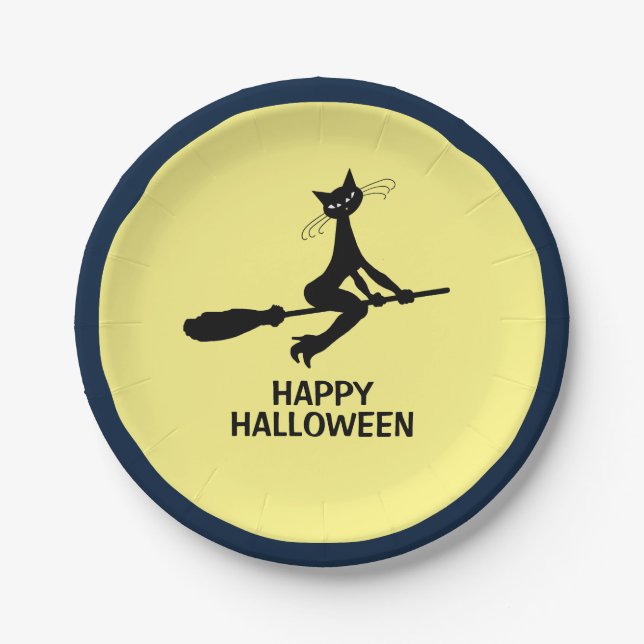 Fröhliches Halloween, Katze auf Broomstick Pappteller (Vorderseite)