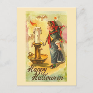 Fröhliches Halloween-Kerzenständer und Mädchen Vin Postkarte