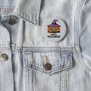 Fröhliches Halloween Kürbishaus & Hexenhut-Dach Button