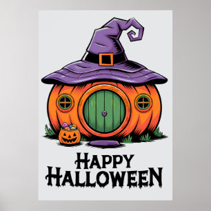 Fröhliches Halloween-Kürbishaus & Hexenhut-Dach Poster