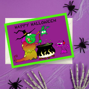 Fröhliches Halloween Lustige Hexe und lila Katze K Karte