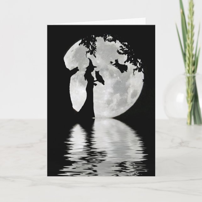 Fröhliches Halloween mit Hexen, Schüssel, Schwarzk Karte (Vorderseite)
