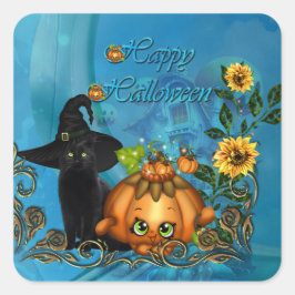 Fröhliches Halloween mit lustiger Katze Quadratischer Aufkleber