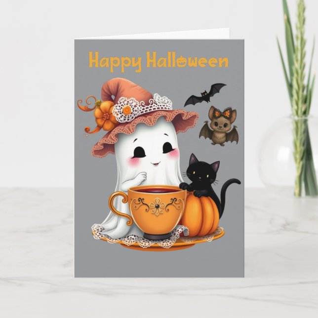 Fröhliches Halloween Niedliches Gespenst, Katze, F Karte (Vorderseite)