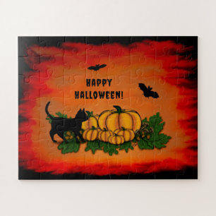 Fröhliches Halloween, schwarze Katze, Fledermaus u
