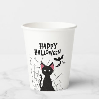 Fröhliches Halloween Schwarze Katze Spinnennetz & Pappbecher