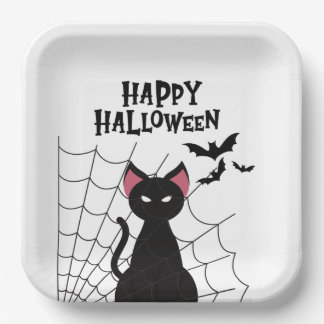 Fröhliches Halloween Schwarze Katze Spinnennetz & Pappteller