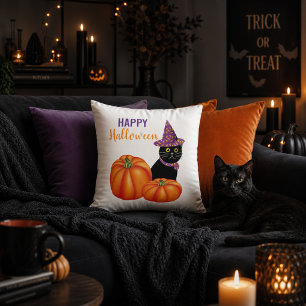 Fröhliches Halloween-Schwarze Katze und Kürbisse D Kissen
