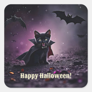 Fröhliches Halloween Schwarze Katze Vampir Niedlic Quadratischer Aufkleber