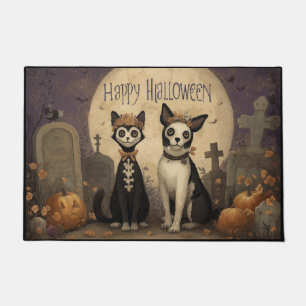 Fröhliches Halloween-Skelett-Katze und Hund auf de Fußmatte