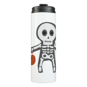 Fröhliches Halloween-Skelett mit Halloween-Kürbis Thermosbecher