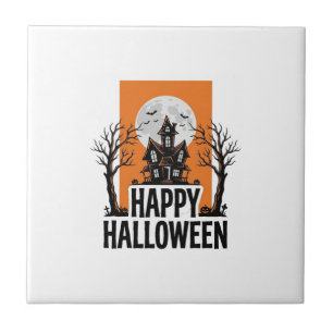 Fröhliches Halloween Spukhaus Vintage-Grafik_1 Fliese